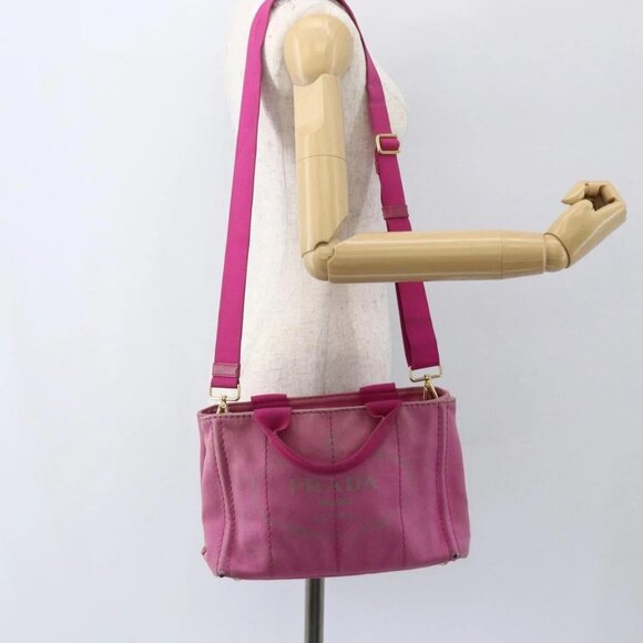 PRADA Canapa PM Hand Bag Canvas 2way Pink Gold Auth ti3547
